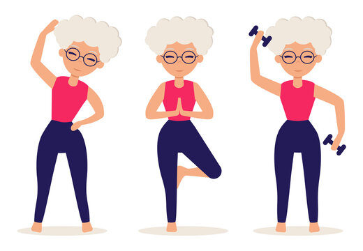 Senior woman goes in for sports. Set of vector illustrations in flat style. An elderly woman lifts a pair of dumbbells and practices yoga. The old woman leads an active lifestyle.