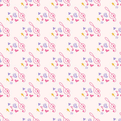 Cartoon cute doodles hand drawn Musical seamless pattern. Colorful detailed. Bright colors backdrop with music symbols and items