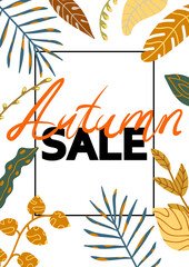 Autumn sale background with frame decorated with decorative leaves, banner design, flyers, web banner, postcard, poster. Autumn promotions, discounts and sales.Vector illustration template