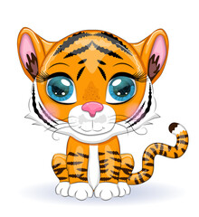 Cute cartoon tiger with beautiful eyes, bright, orange for greeting cards