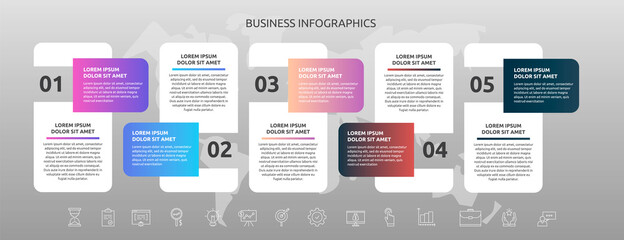 Infographics rectangle with 5 steps, icons. Vector template used for diagram, business, web, workflow layout, presentations, flowchart, info graph, timeline, content, levels, chart, processes diagram