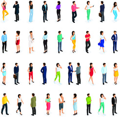 Fototapeta na wymiar Isometric set of women and men in modern clothing. Elegant and fashionable people 3d. Men in business clothes, women in a dress, skirt, trousers.Vector illustration
