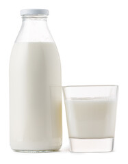 Glass bottle and cup of fresh milk isolated