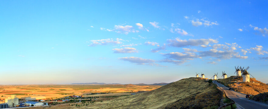 Traditional Spanish windmills near the village of Consuegra, Toiedo, Spain.