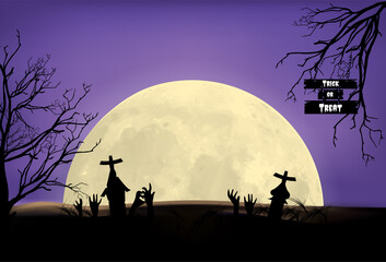 halloween background, illustration vector tombstone under moon light.