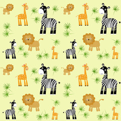 Wild animals seamless background. Background zebra, lion, giraffe in africa, vector illustration