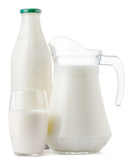 Glass jar and cup of fresh milk isolated
