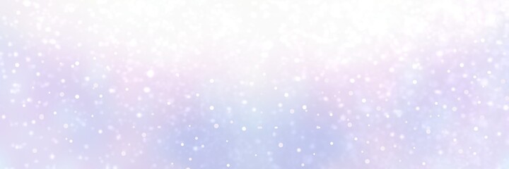 Snow falling on light lilac blue blur background. Pastel empty banner for winter holidays design.