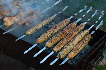 Kurin Lyulya-kebab on a hot grill close-up. Background with open fire on the mangale in the background. Copy space