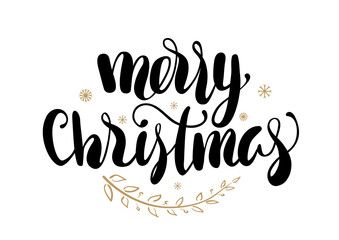 Handwritten modern brush lettering of Merry Christmas with Hand drawn design elements isolated on white background.