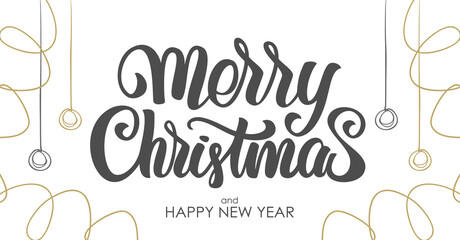 Hand drawn elegant modern brush lettering of Merry Christmas with golden decoration isolated on white background.