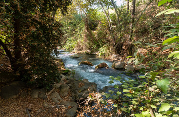 The bed  of the swift mountainous Hermon River with crystal clear waters in the Golan Heights in northern Israel