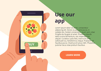 Online purchasing app marketing - Use Our App with handheld mobile device and hand alongside copyspace, colored vector illustration