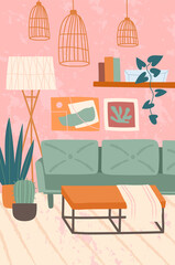 Living room interior with potted plants and ceiling lights above a sofa and table, colored vector illustration