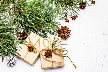 New Year or Christmas gifts with pine branches and cones as Zero waste concept