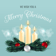 Merry Christmas greeting card decorated with candles, ball ornaments, pine tree branch and bokeh effect. 3d realistic vector illustration