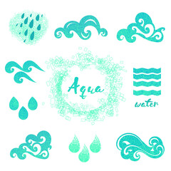 Aqua vector set, waves, rain drops, element design, sign symbol or logo, natural water. Wave background.