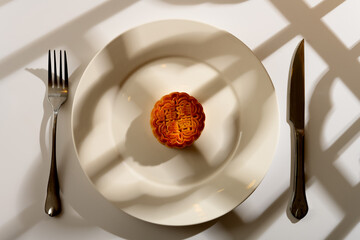translation of the Chinese to English-lotus seed paste with yolk-traditional mooncake on a dish with knife and fork with sunlight near a window no logo or trademark