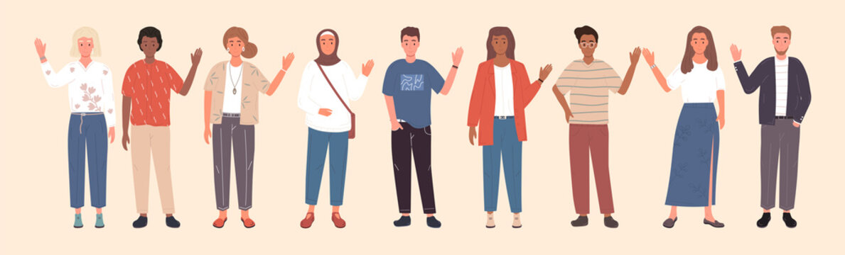 Male, female, caucasian, african people. Large diverse group of representatives of different nations standing waving hands in a panorama banner, colored vector illustration