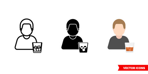 Alcoholic dipsomaniac icon of 3 types color, black and white, outline. Isolated vector sign symbol.