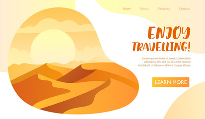 Enjoy Travelling tourism web page template with golden desert and mountain peaks alongside copyspace and text, colored vector illustration