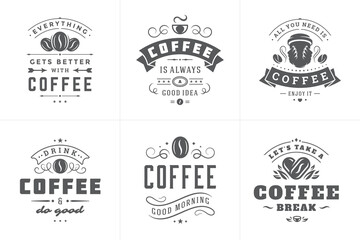 Coffee quotes vintage typographic style inspirational phrases vector illustrations set.