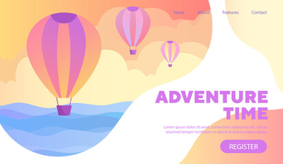Adventure Time poster design or web page template with hot air balloons flying above the ocean and clouds, colored vector illustration