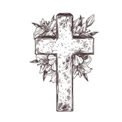 Christ stone crosse with wreath of white flowers lily. Vector hand drawn illustration. Symbol of christianity, church, Jesus, religion, catholicism. Isolated drawing sketch of sign of resurrection