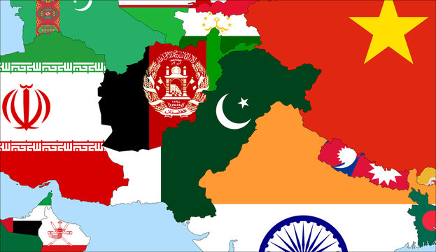 Center the map of Pakistan. Vector maps showing Pakistan and neighboring countries. Flags are indicated on the country maps, the most recent detailed drawing.