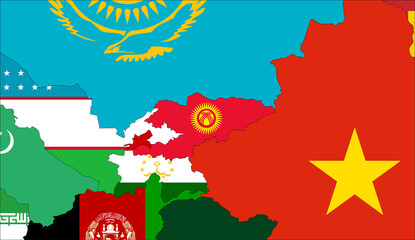 Center the map of Kyrgyzstan. Vector maps showing Kyrgyzstan and neighboring countries. Flags are indicated on the country maps, the most recent detailed drawing.