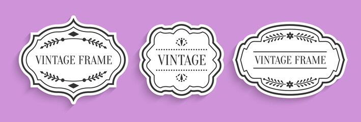 Retro vintage white labels paper cut set with shadow. Different shape empty border tag menu sale price with decorative elements. Package template for text banner, sticker. Isolated vector illustration