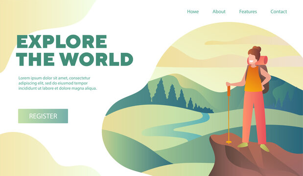 Explore The World and nature travel template with a happy healthy young hiker or backpacker on a mountain summit, colored vector illustration