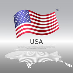 USA wavy flag and mosaic map on light background. Creative background for the national American poster. Vector design. Business booklet. us state patriotic banner, flyer