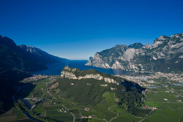Panorama  aerial view of the gorgeous Lake Garda surrounded by mountains in Riva del Garda, Italy.