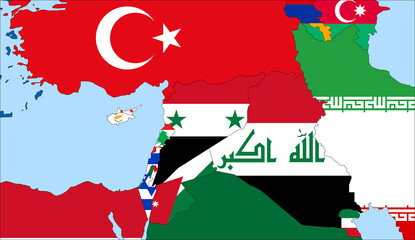 Center the map of Syria. Vector maps showing Syria and neighboring countries. Flags are indicated on the country maps, the most recent detailed drawing.