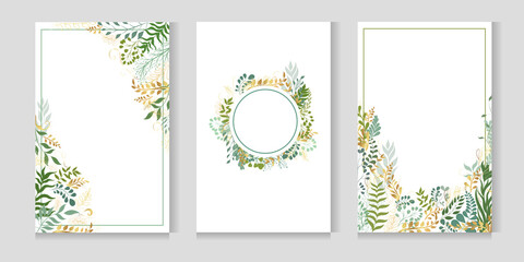 Fototapeta na wymiar Vector postcard set. Plant leaves and twigs. Greeting cards with place for text.