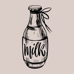 Bottle of milk hand drawn illustration and lettering in graphic style. Isolated vector on gray background. Poster design drink milk