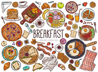 Morning breakfast dishes hand drawn illustrations set. Pancakes in plate, doughnut doodles pack. Juice glass, coffee and tea cups sketches. Fried eggs, bacon and bread in pan vector drawings