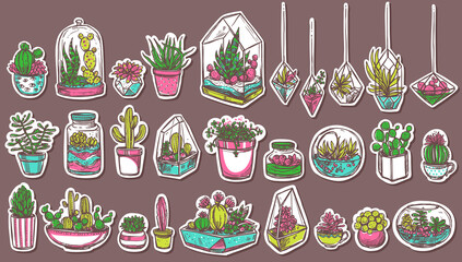 Potted cacti and succulents hand drawn stickers set. Indoor foliage plants in glass hanging flowerpots doodle patches pack. Decorative tropical houseplants, agave and aloe illustrations collection