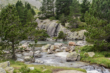 Turquoise water river surrounded by natural landscape of trees and mountains