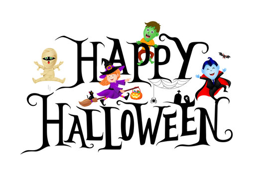 Happy Halloween lettering design with cute cartoon character. Holiday calligraphy with little witch, dracula, mummy and zombie. Illustration for poster, banner, greeting card, invitation.