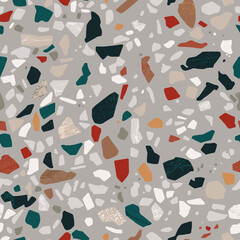 Cotton fabric Terrazzo abstract background illustration. Trendy seamless pattern with stone and rock texture in grey, red and dark green colors
