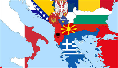 Center the map of Albania. Vector maps showing Albania and neighboring countries. Flags are indicated on the country maps, the most recent detailed drawing.