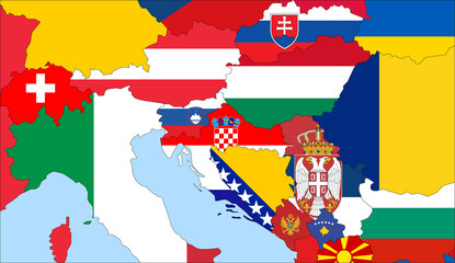 Center the map of Croatia. Vector maps showing Croatia and neighboring countries. Flags are indicated on the country maps, the most recent detailed drawing.
