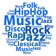Text cloud. Music wordcloud. Tag concept. Vector illustration.