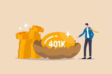 Retirement 401K investment, tax defer mutual fund for salary man financial success concept, happy young businessman investor stand with wealthy golden egg with word 401K and dollar money coin stack.