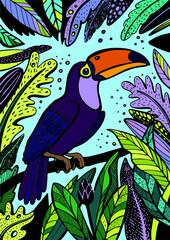 Toucan, exotic birds, tropical flowers, palm leaves, jungle leaves, bird of paradise.Vector illustration of a bright tropical bird Toucan on a floral background. T-shirt graphics for kids.Funny poster