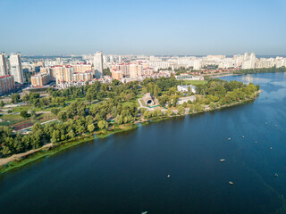 Fototapeta na wymiar Aerial drone view. Dnieper River in Kiev.
