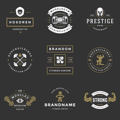 Fitness center and sport gym logos and badges design set vector illustration retro typographic labels with equipment