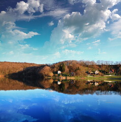 Forest lake water reflection landscape